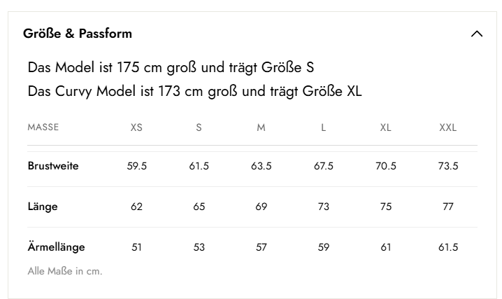 NIL+MON Größen- und Passform-Hinweis auf der Produktseite